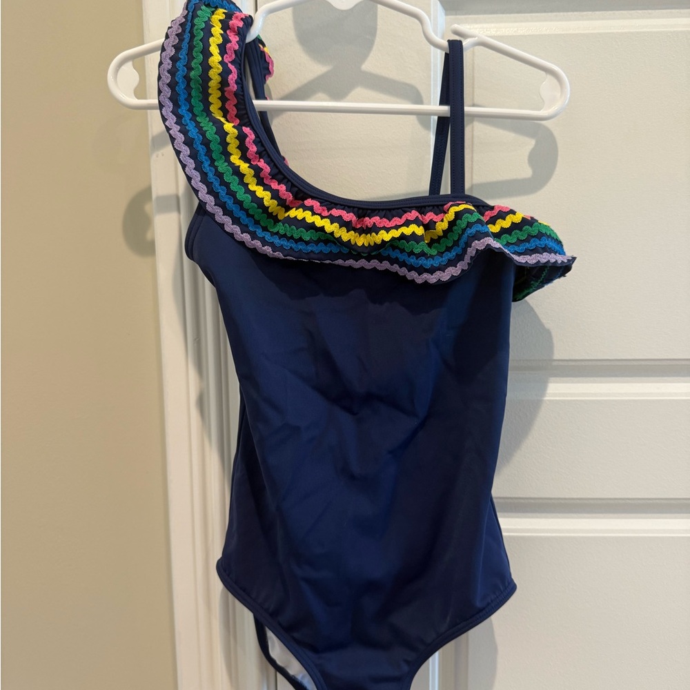 Mini Boden Navy Swimsuit with Rainbow Ruffle